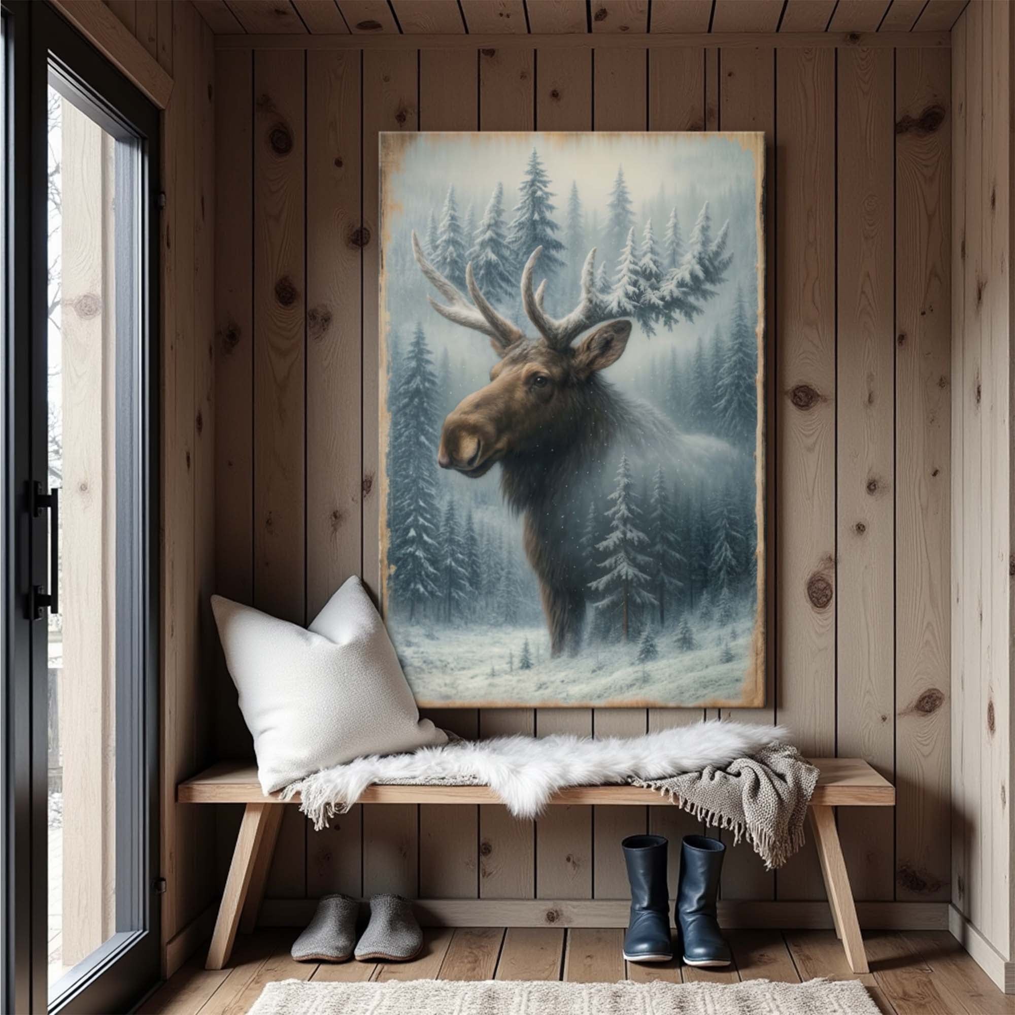 Schneebedeckter Wald Elch Doppelbelichtung Wandkunst