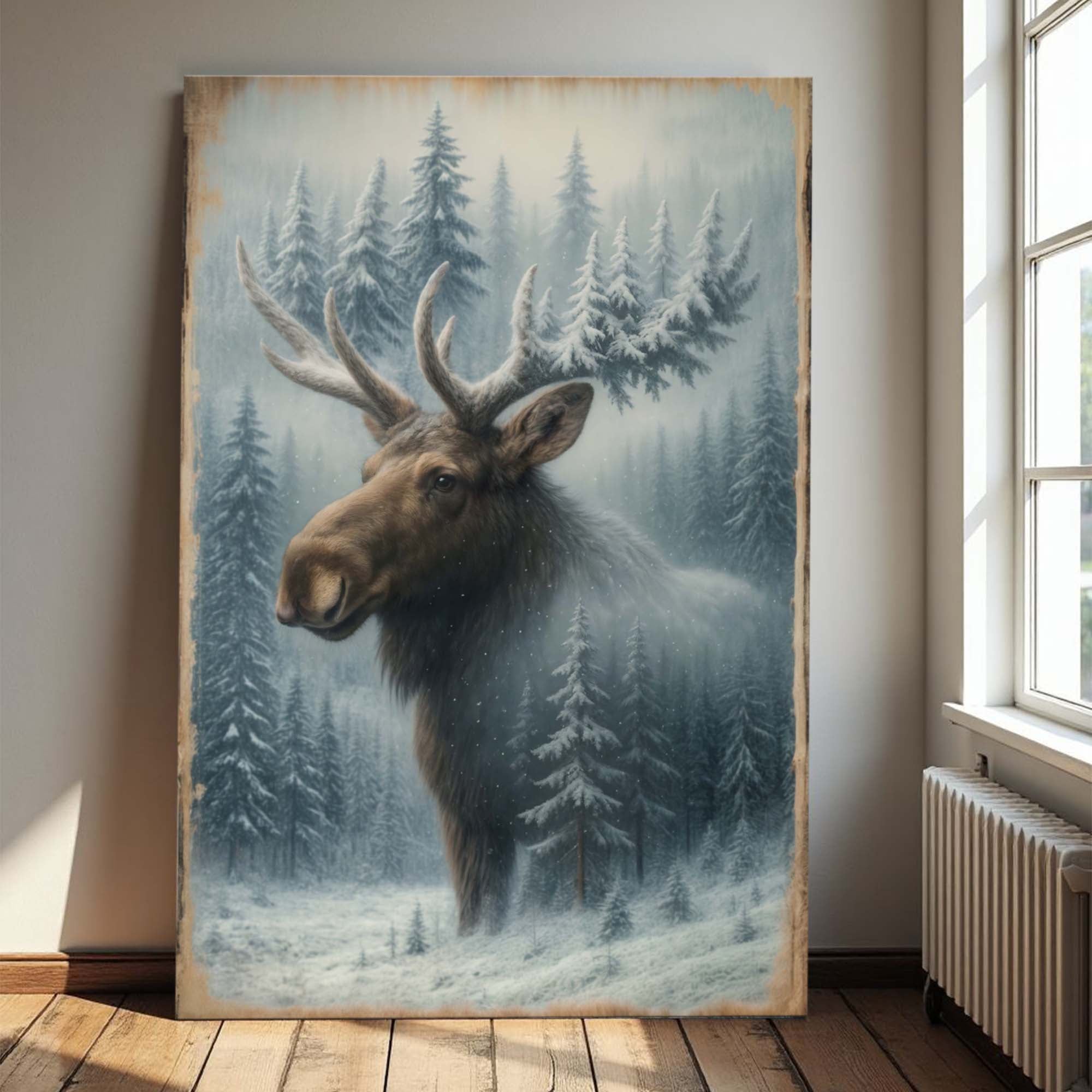 Schneebedeckter Wald Elch Doppelbelichtung Wandkunst