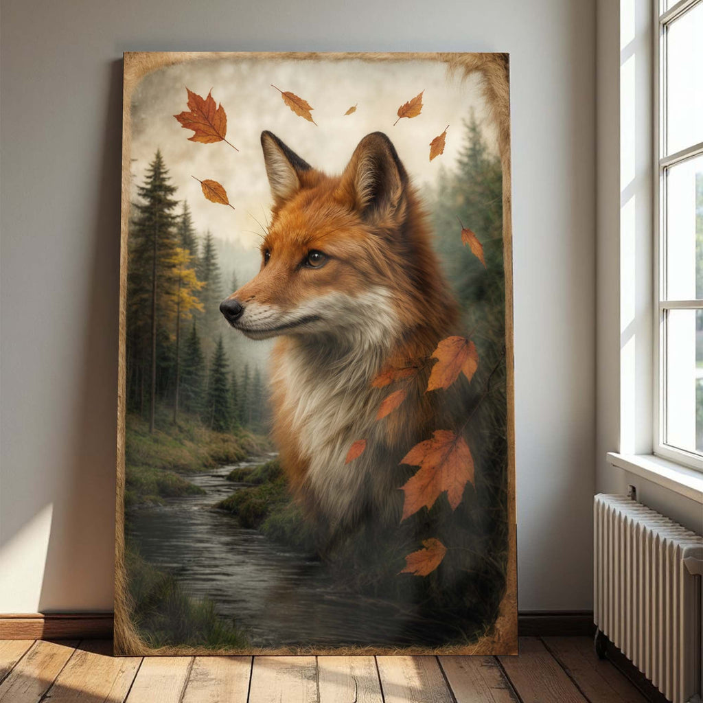 Herbst Fuchs Doppelbelichtung Wandkunst