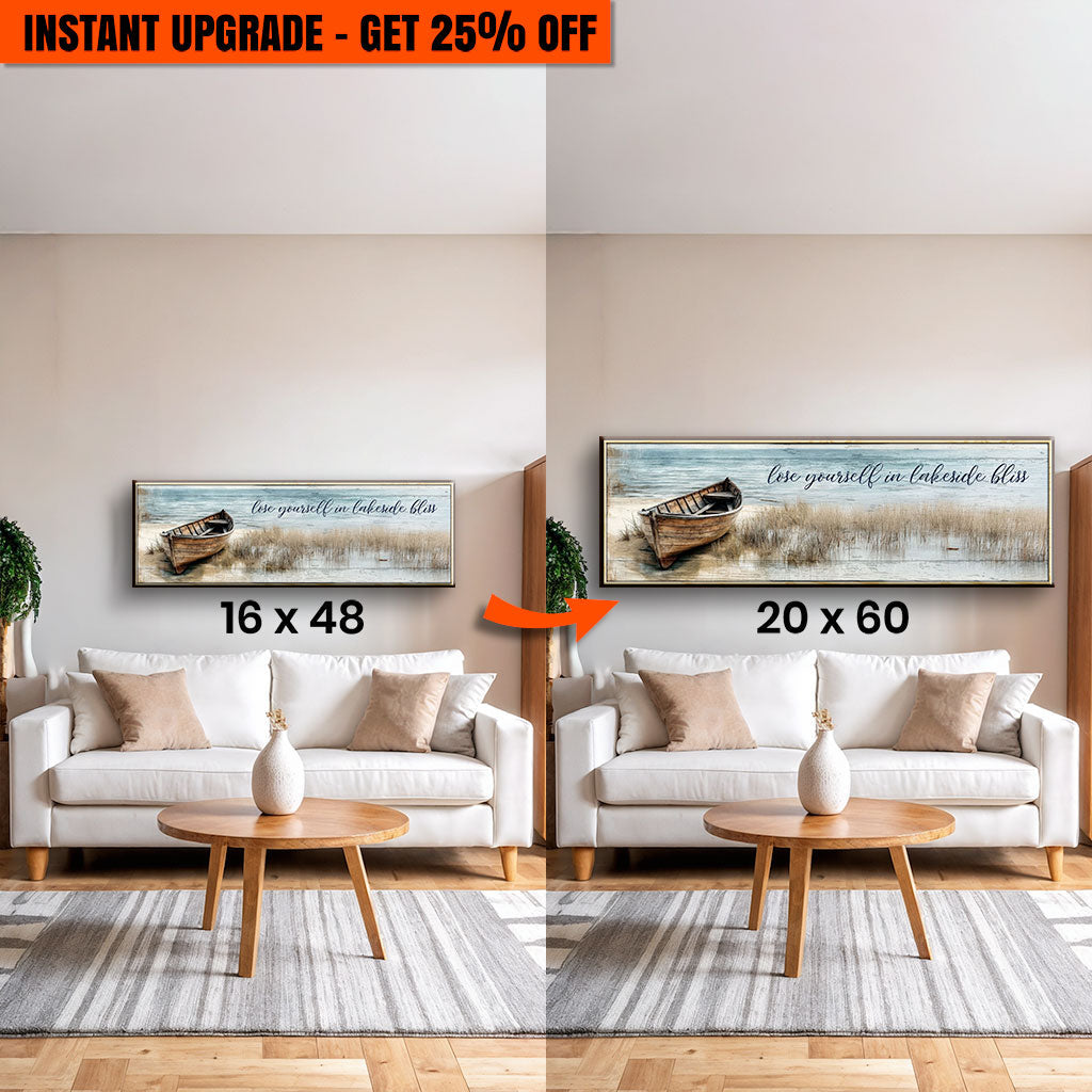Werten Sie Ihre 48x16 Zoll Leinwand „Lose Yourself in Lakeside Bliss Lake House Coastal Sign“ auf 60x20 Zoll auf